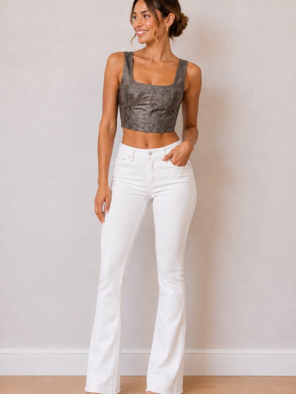 Metallic Silver Cropped Square-Neck Tank Top